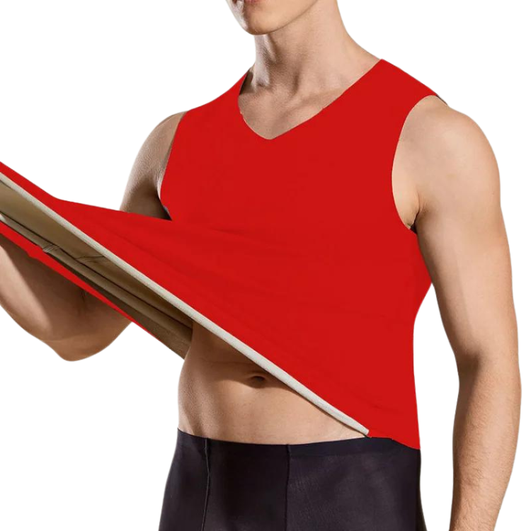 Cropped model stretches the hem of a bright-red sleeveless tank top