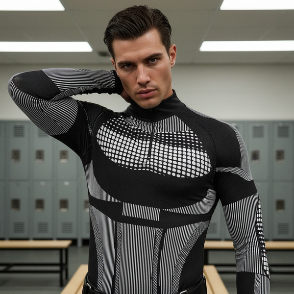 Person wearing a fitted black-and-white geometric long-sleeve top in a locker room