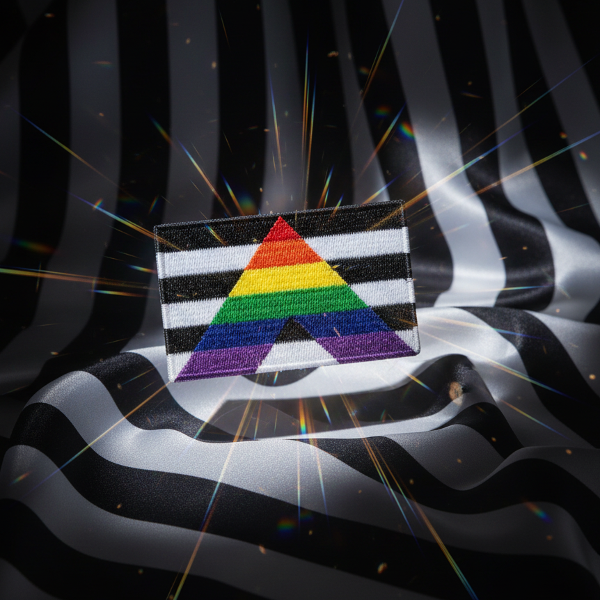 Embroidered black-and-white striped patch with a rainbow A-shaped design on draped fabric