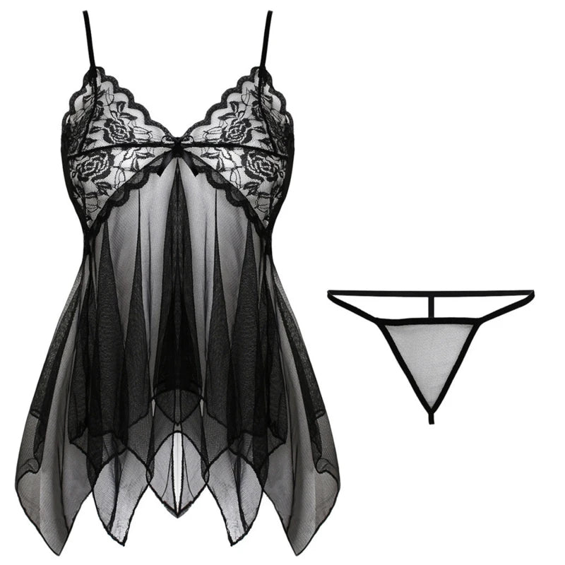 Black lace babydoll nightdress with sheer panels, floral cups, bow, and matching thong