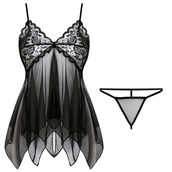 Black lace babydoll nightdress with sheer panels, floral cups, bow, and matching thong