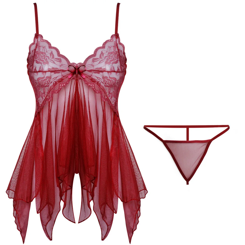 Front view of a red lace babydoll nightdress with matching thong, displayed flat