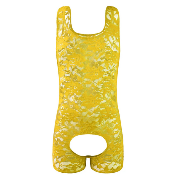 Front view of a yellow floral lace romper with a large oval open crotch