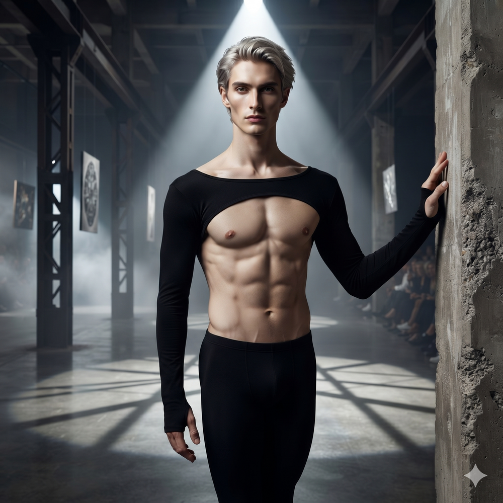 Front-facing model in a black long-sleeve crop top with a chest cutout