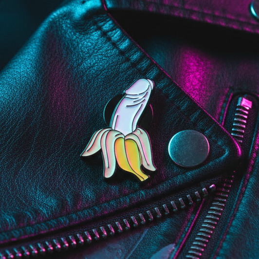 Banana-shaped enamel pin on a black leather-look jacket beside a zipper