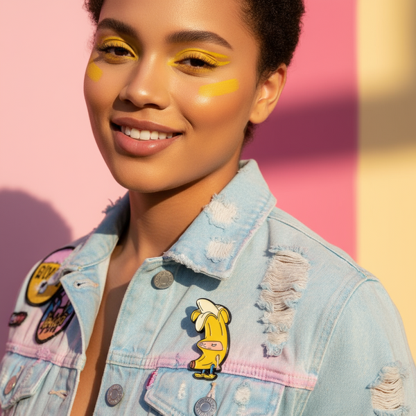 Hey Arnold banana-suit enamel pin shown on a distressed denim jacket