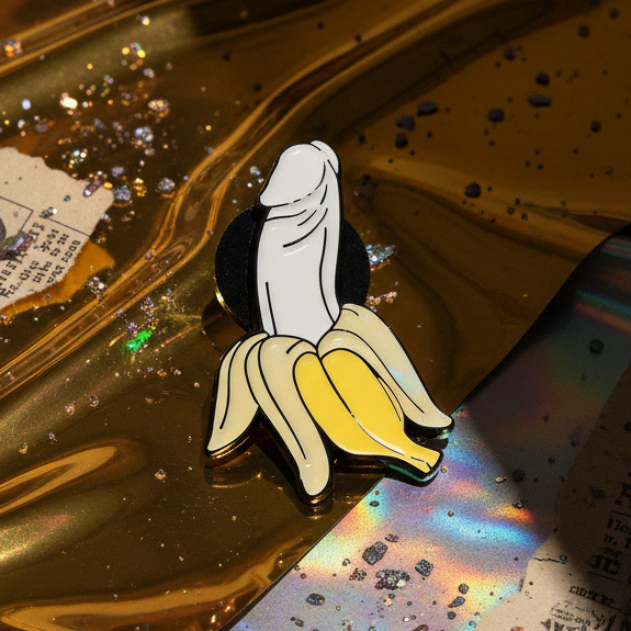 Enamel pin showing a peeled banana with a white fruit and yellow peel