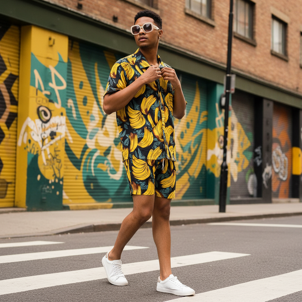 Model wearing a banana-print shirt and matching shorts on a graffiti-lined street
