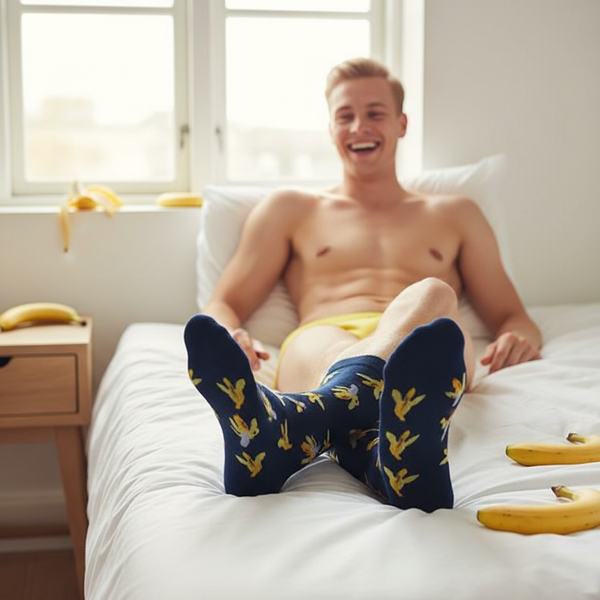Banana Socks with playful blue banana prints and yellow undies pop on a relaxed queer guy lounging in bed