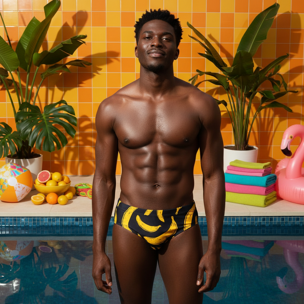 Banana Swim Briefs smiles poolside, surrounded by tropical plants, towels, a pink flamingo float, fruit, a ball