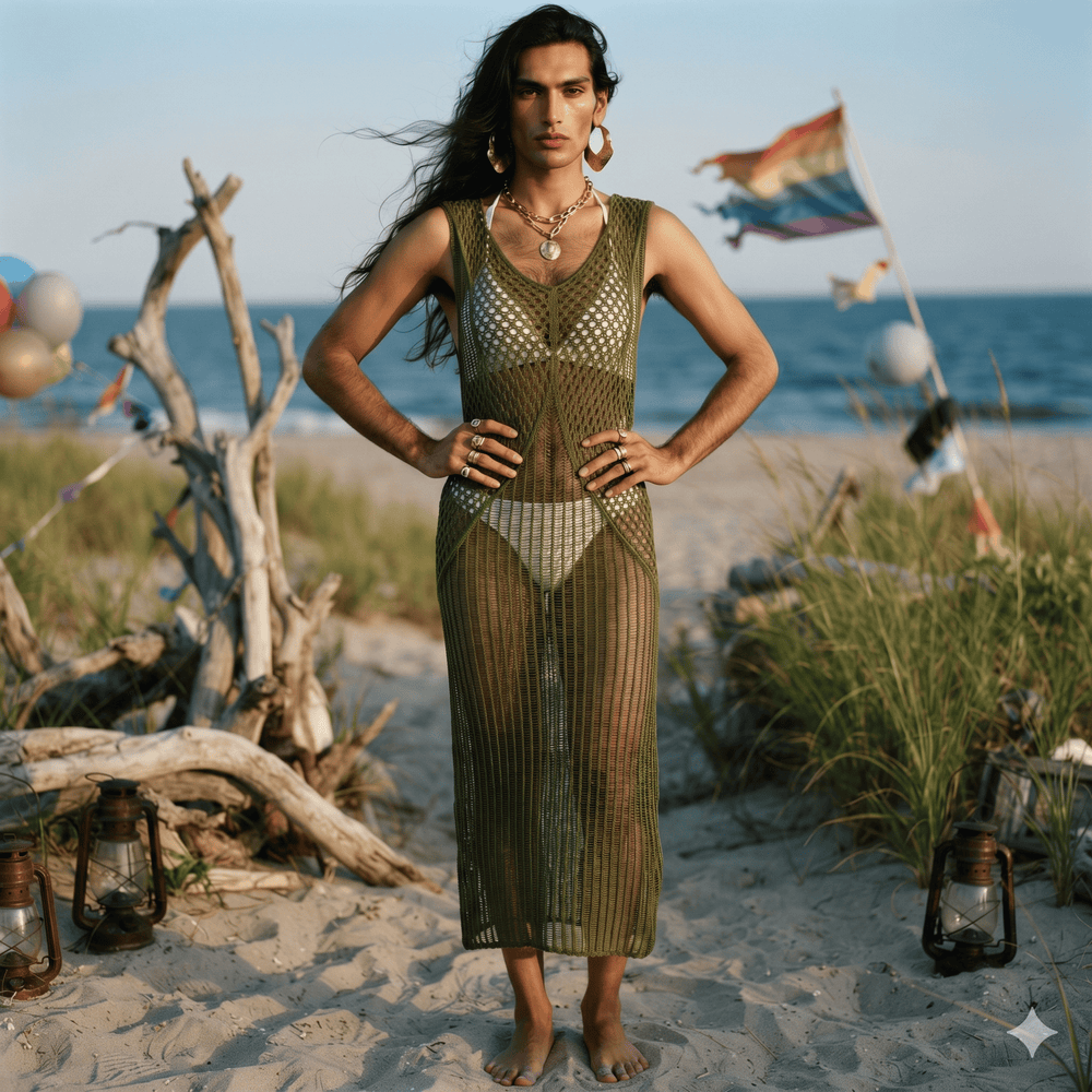 Front view of a model in a sheer olive-green crocheted beach cover-up by the sea