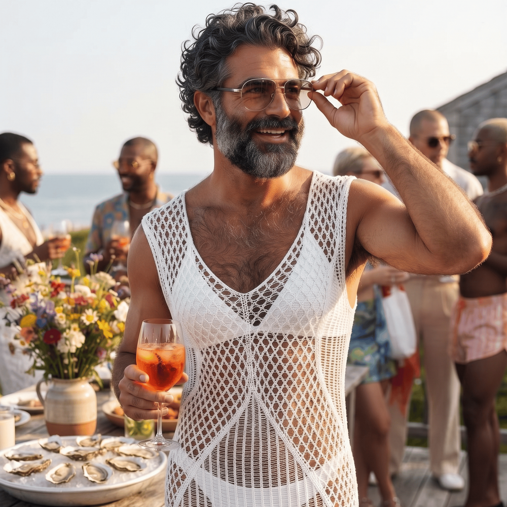 Person wearing a sheer white crochet beach cover-up at a seaside gathering
