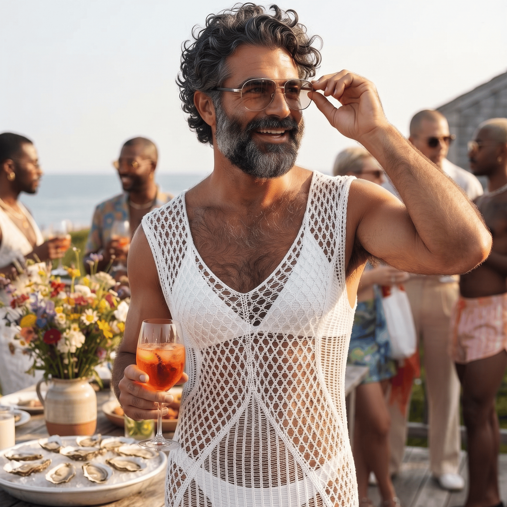 Person wearing a sheer white crochet beach cover-up at a seaside gathering