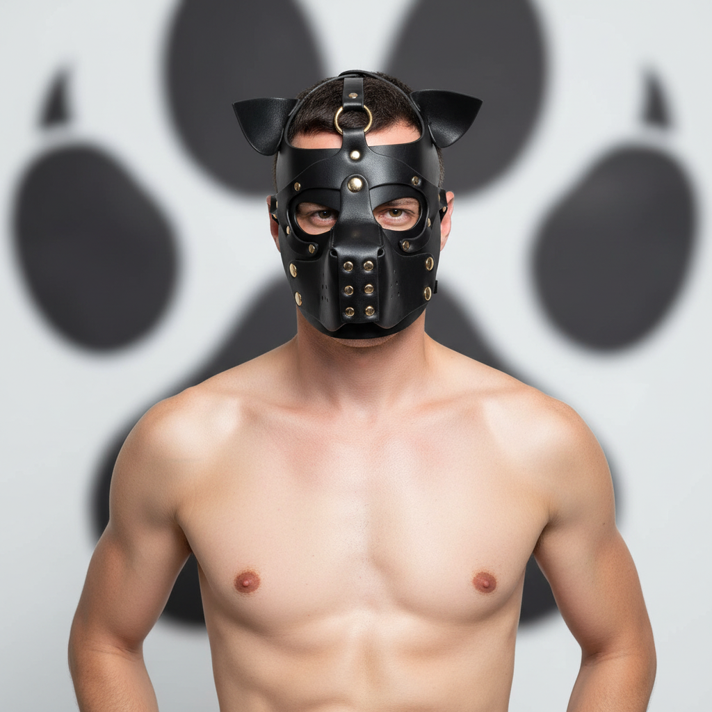 Front-facing shirtless model wearing a black leather puppy-style mask with ears and metal studs