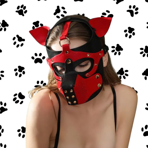 Model wearing a red-and-black leather puppy mask with pointed ears and rivets