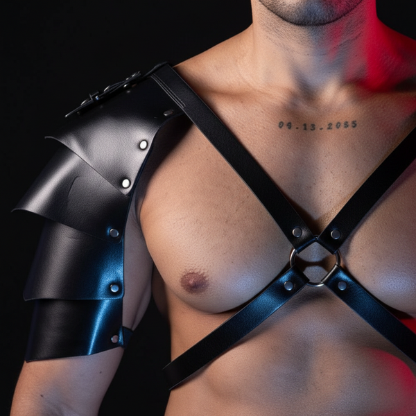 Close-up of a bare-chested model wearing black armored shoulder gear and a ringed chest harness