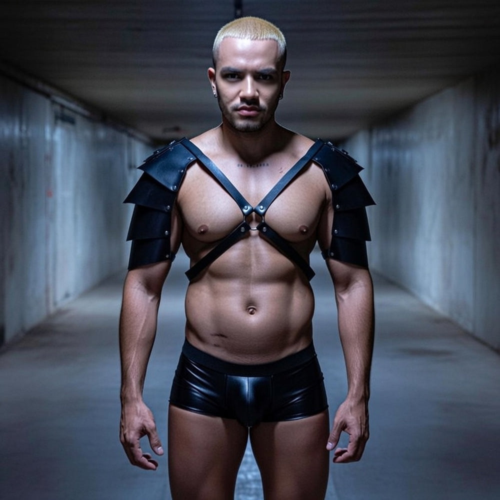 Battlefield Desire Armored Kink Outfit Set: bleach-blonde person in black leather chest harness, studded armor, latex shorts