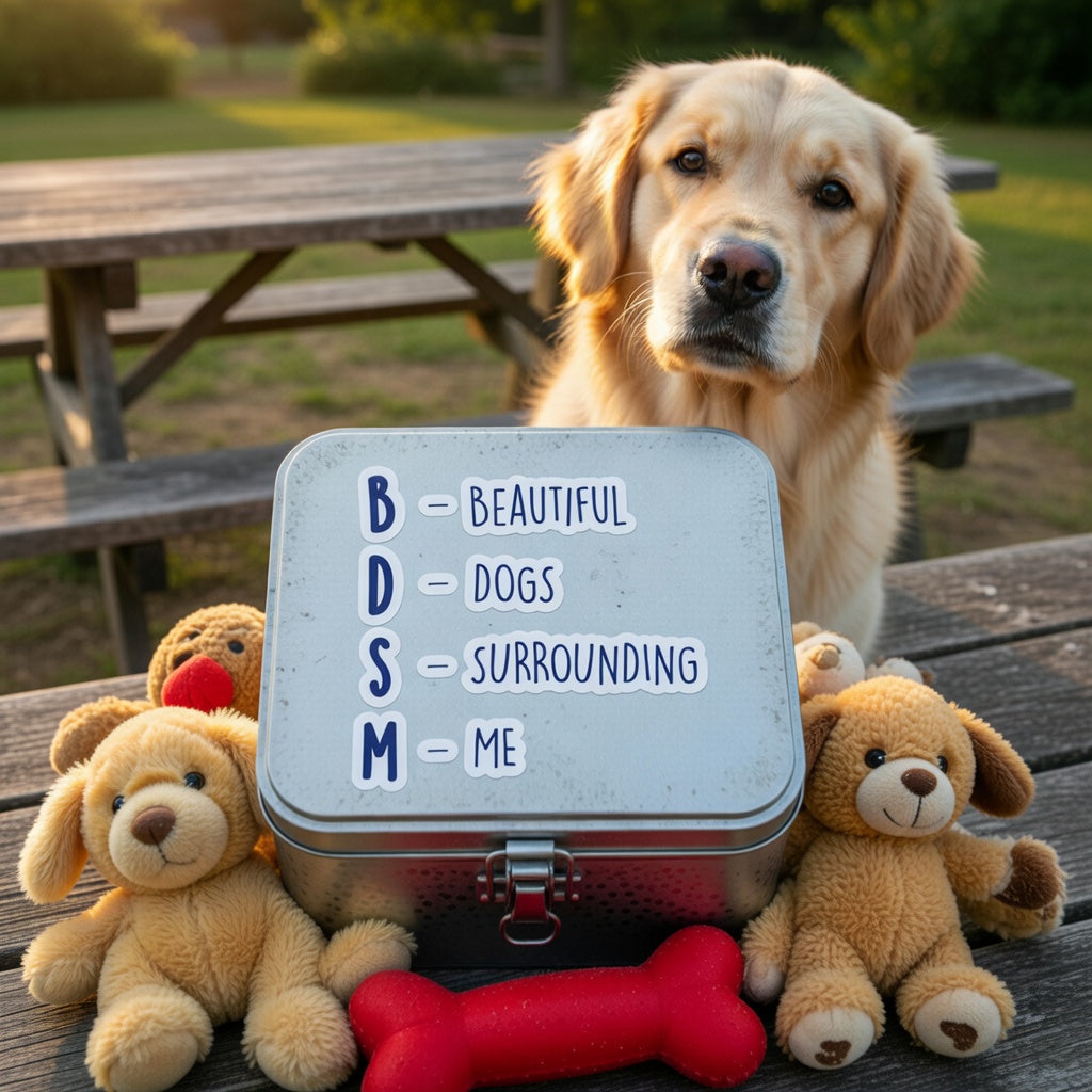 Bubble-Free Stickers reading "BDSM (Beautiful Dogs Surrounding Me)" on a picnic table with plush dogs, red bone