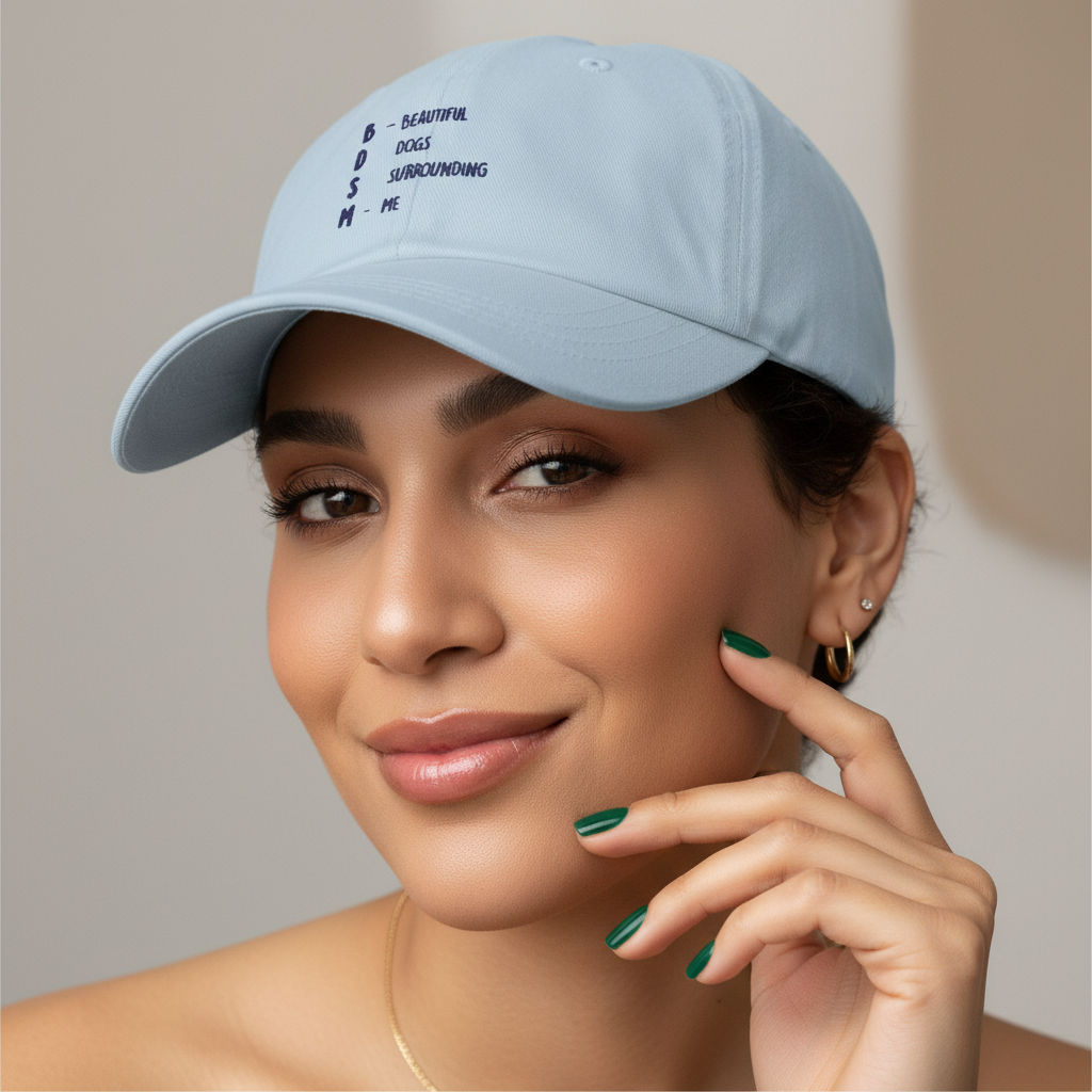 Light blue "BDSM (Beautiful Dogs Surrounding Me)" cap worn by a person with green nails, gold hoops, and soft glam