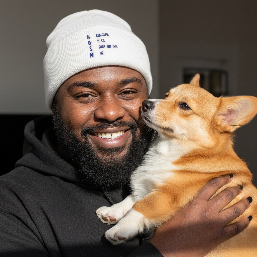 BDSM ("Beautiful Dogs Surrounding Me") cuffed beanie with small blue text, worn with a black hoodie