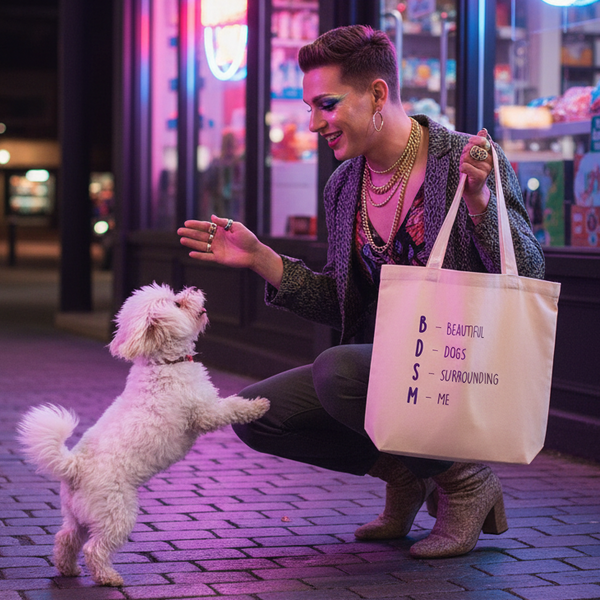 Person crouching with a small dog beside a tote reading “BDSM – Beautiful Dogs Surrounding Me”