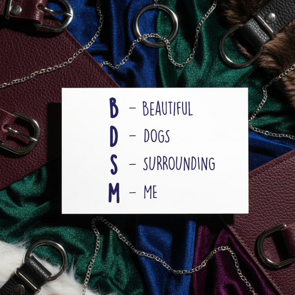Postcard with “BDSM (Beautiful Dogs Surrounding Me)” in bold blue on white, framed by leather belts, chains