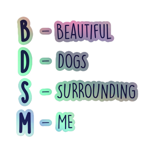 Four pastel holographic stickers spell “BDSM—Beautiful Dogs Surrounding Me.”