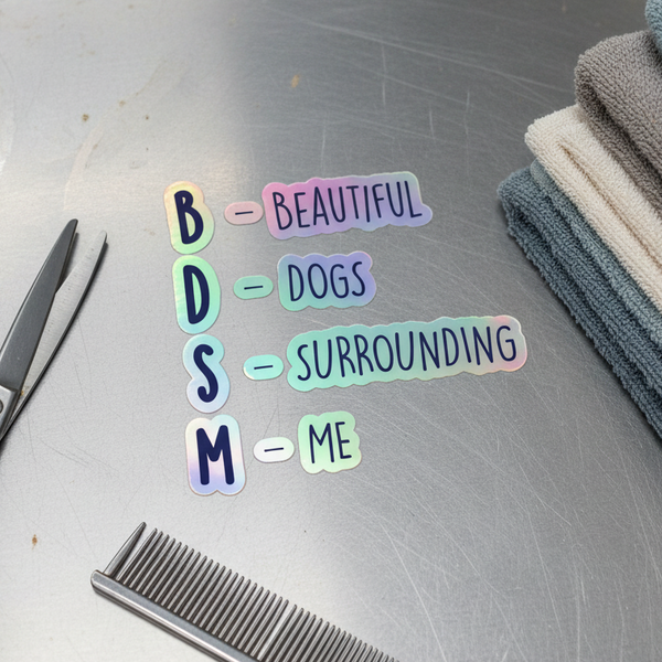 Rainbow holographic BDSM (Beautiful Dogs Surrounding Me) sticker, vertical text, on metal with grooming scissors, comb