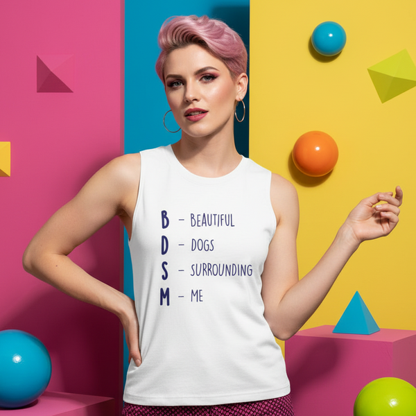 BDSM (Beautiful Dogs Surrounding Me) Muscle Top on a person with short pink hair and hoops, bold geometric backdrop