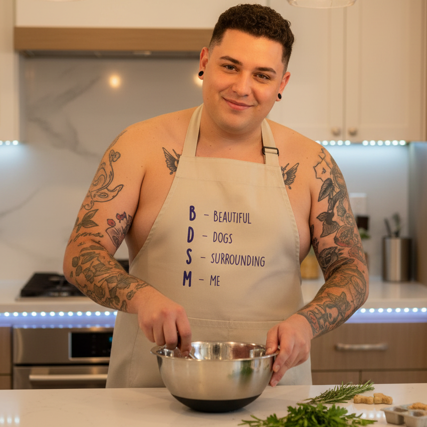 Tattooed person wearing a beige “BDSM” apron while mixing in a metal bowl