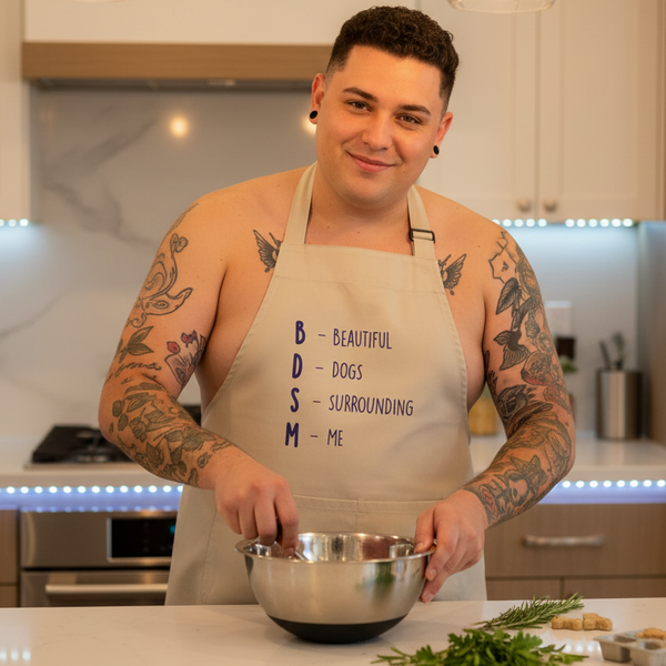 Tattooed person wearing a beige “BDSM” apron while mixing in a metal bowl