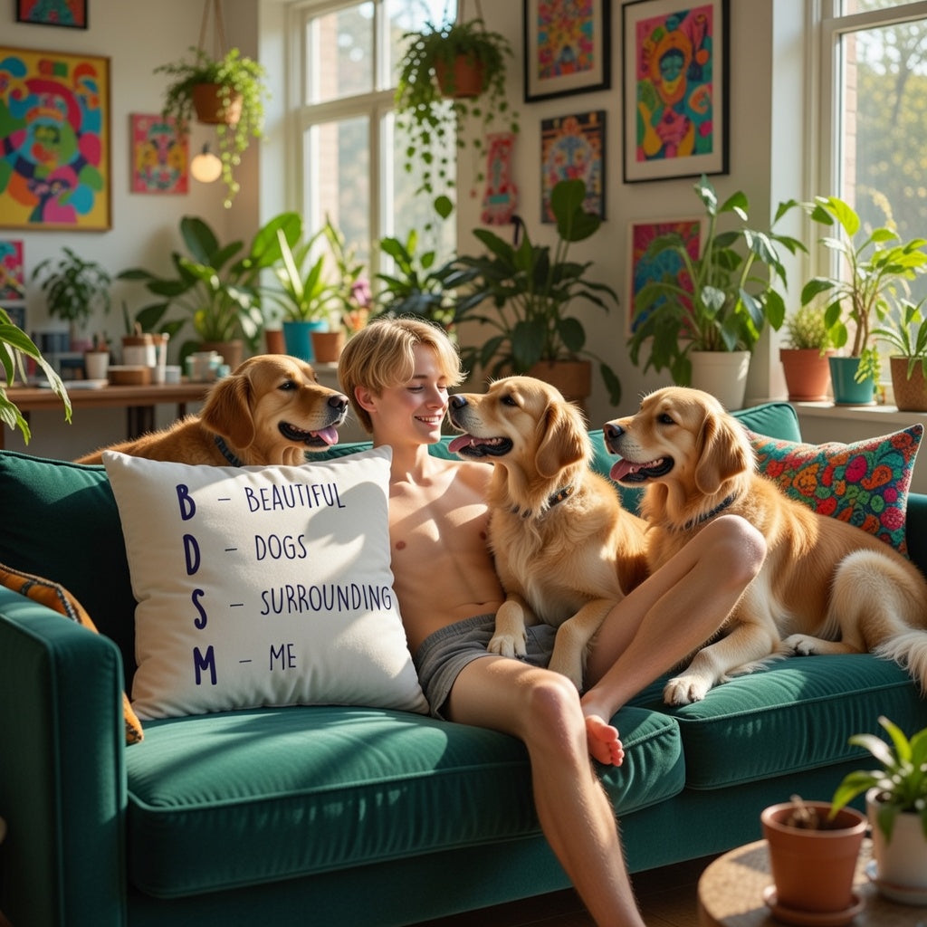 Person in shorts on a green couch with three golden retrievers