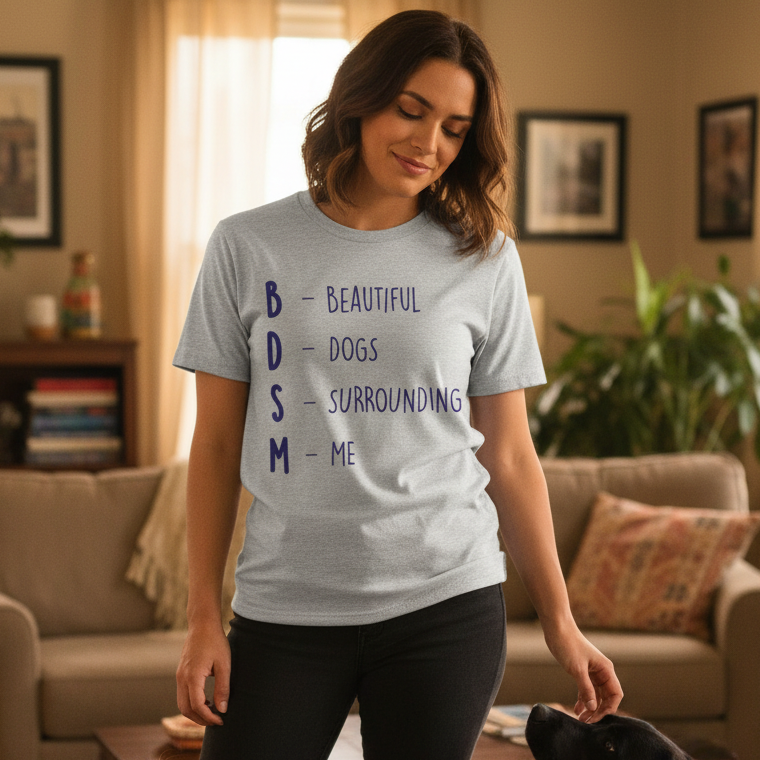 Light gray unisex tee with bold blue "BDSM (Beautiful Dogs Surrounding Me)" print