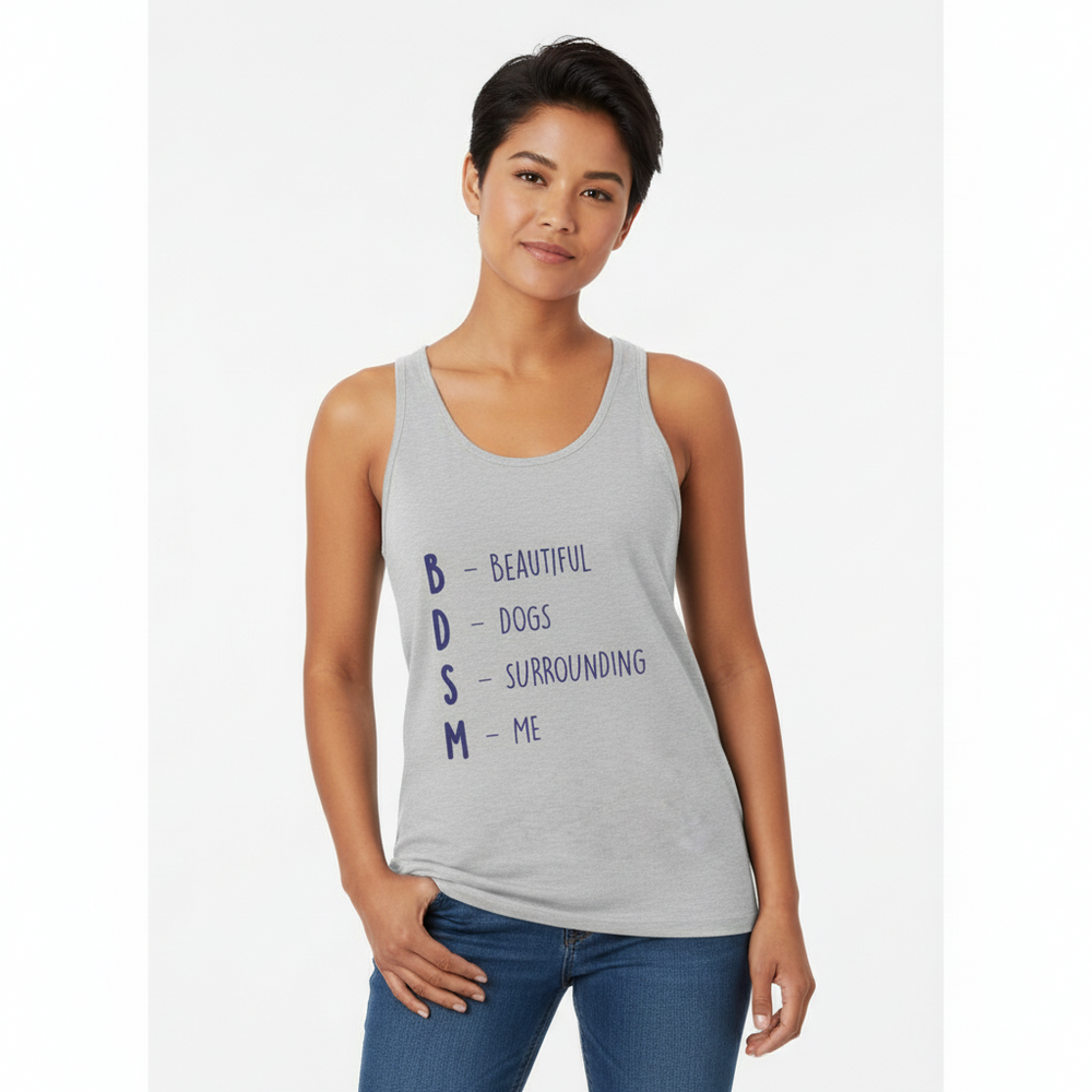 Unisex BDSM (Beautiful Dogs Surrounding Me) tank top modeled by a person with short dark hair, casual pose, white background