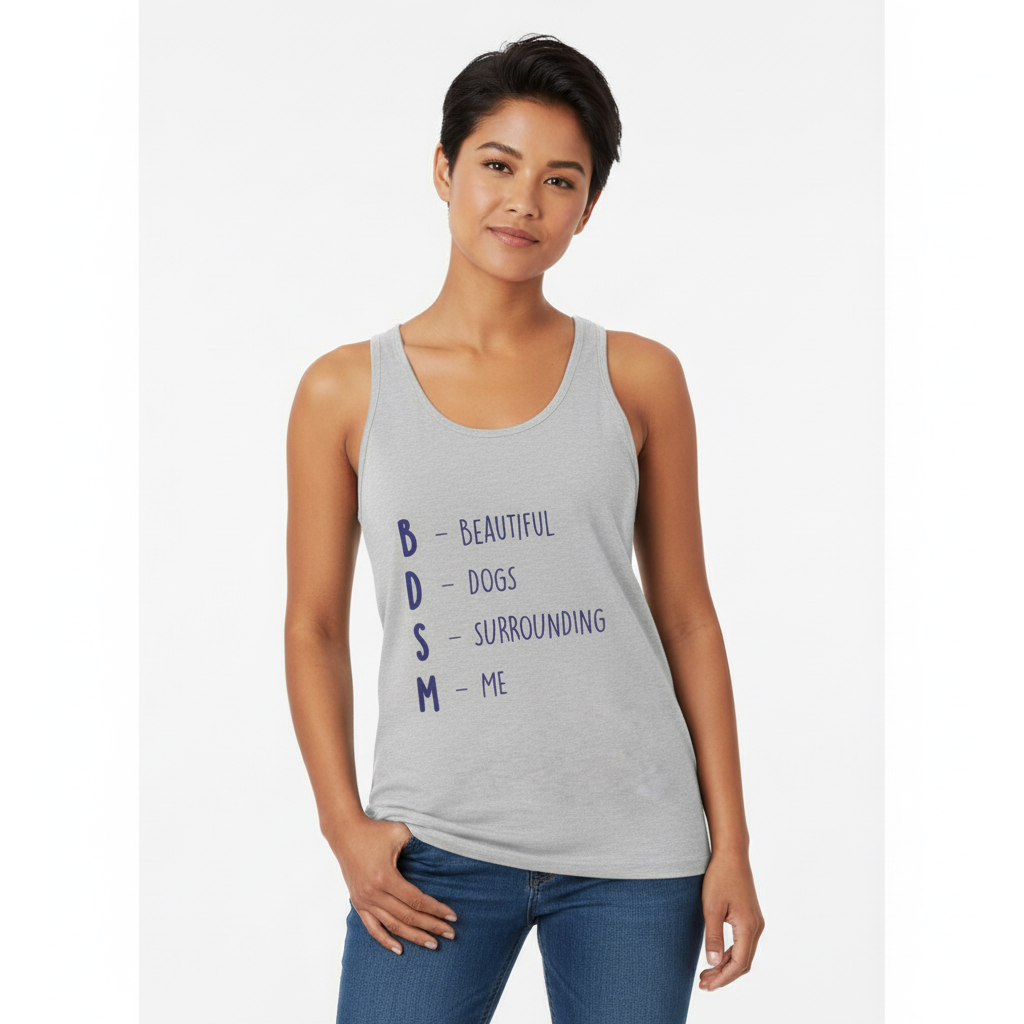 Unisex BDSM (Beautiful Dogs Surrounding Me) tank top modeled by a person with short dark hair, casual pose, white background