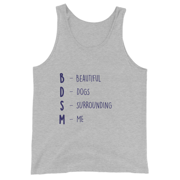 Unisex BDSM (Beautiful Dogs Surrounding Me) tank top modeled by a queer woman with short dark hair, casual pose, white background.
