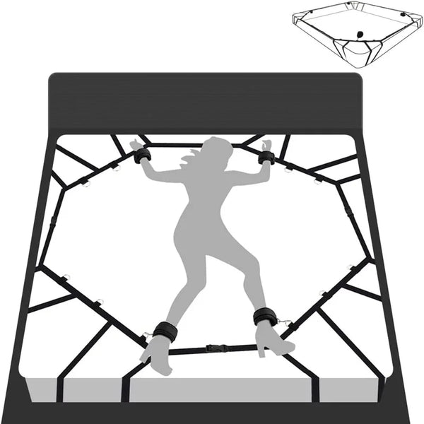 Diagram of a bed-mounted restraint system securing a silhouetted person by wrists and ankles