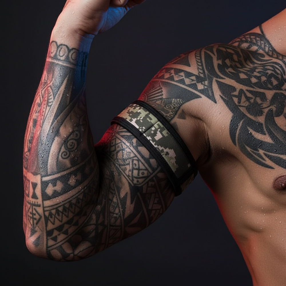 Close-up of a muscular, tattooed upper body wearing BDSM Puppy Play Armbands in digital camouflage print