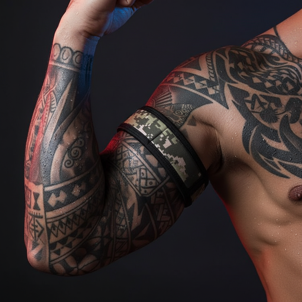 Close-up of a muscular, tattooed upper body wearing BDSM Puppy Play Armbands in digital camouflage print