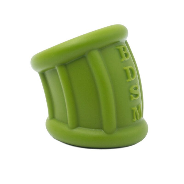 Green cylindrical BDSM scrotum bondage device; BDSM fetish product