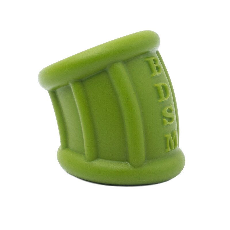 Green cylindrical BDSM scrotum bondage device; BDSM fetish product
