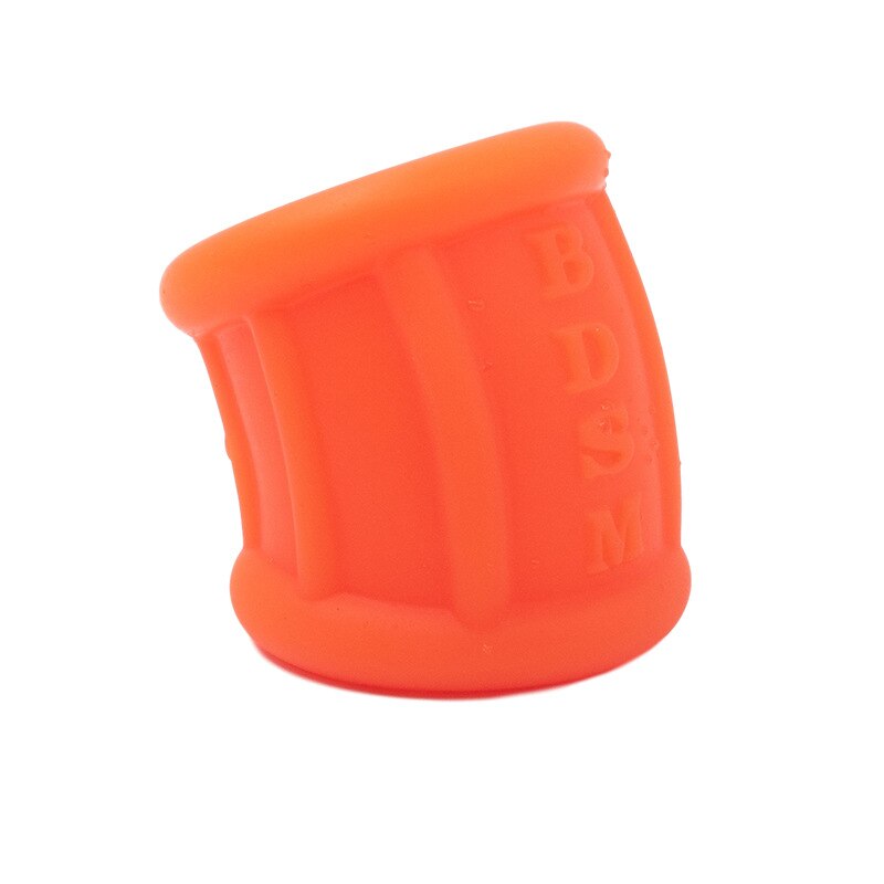 Orange silicone scrotum bondage thimble shown upright at a slight angle on white