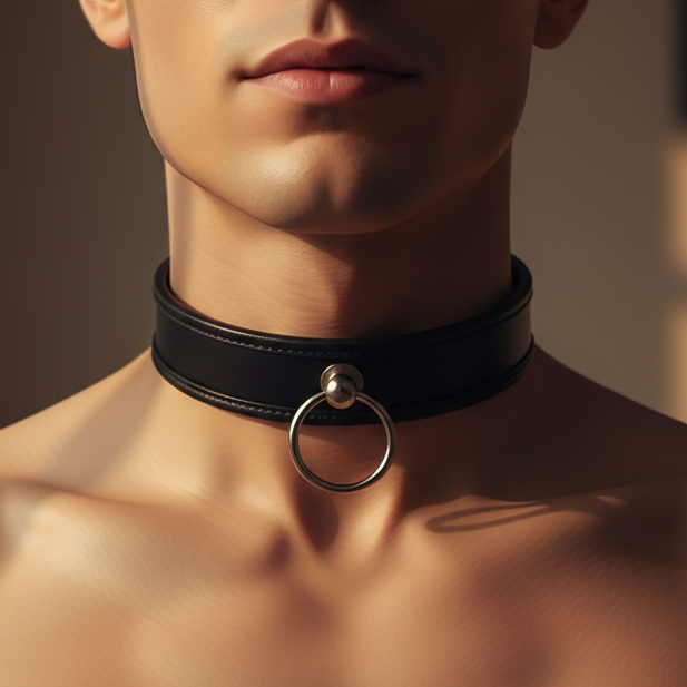 Close-up of a model wearing a black leather-look collar with a large metal O-ring