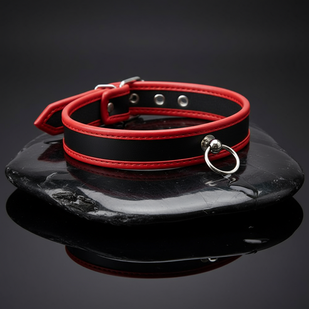 Black and red BDSM collar with buckle, metal eyelets, and front O-ring on a reflective surface