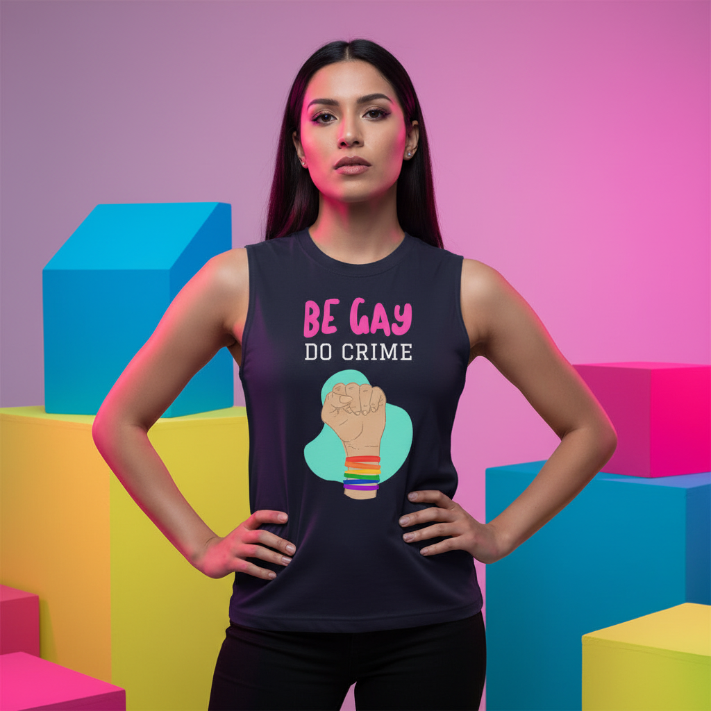 Be Gay Do Crime muscle top with slogan and raised fist graphic in rainbow bracelets, model, pink-purple on blue backdrop