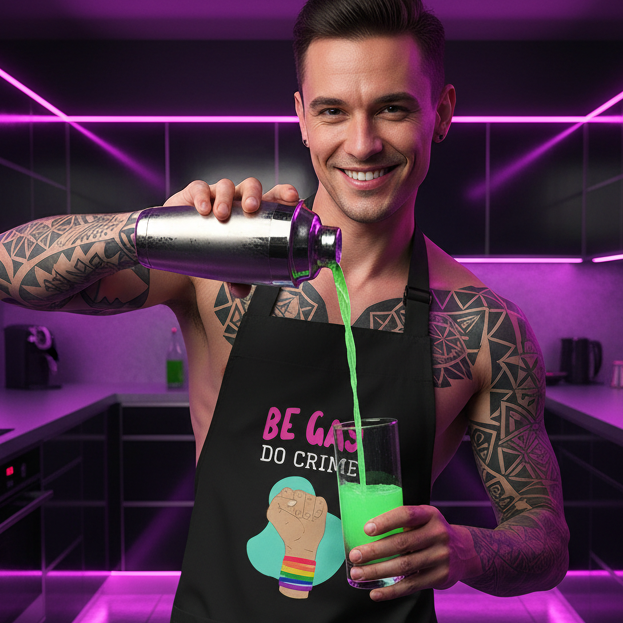 Tattooed person in a black “BE GAY DO CRIME” apron pours a green drink