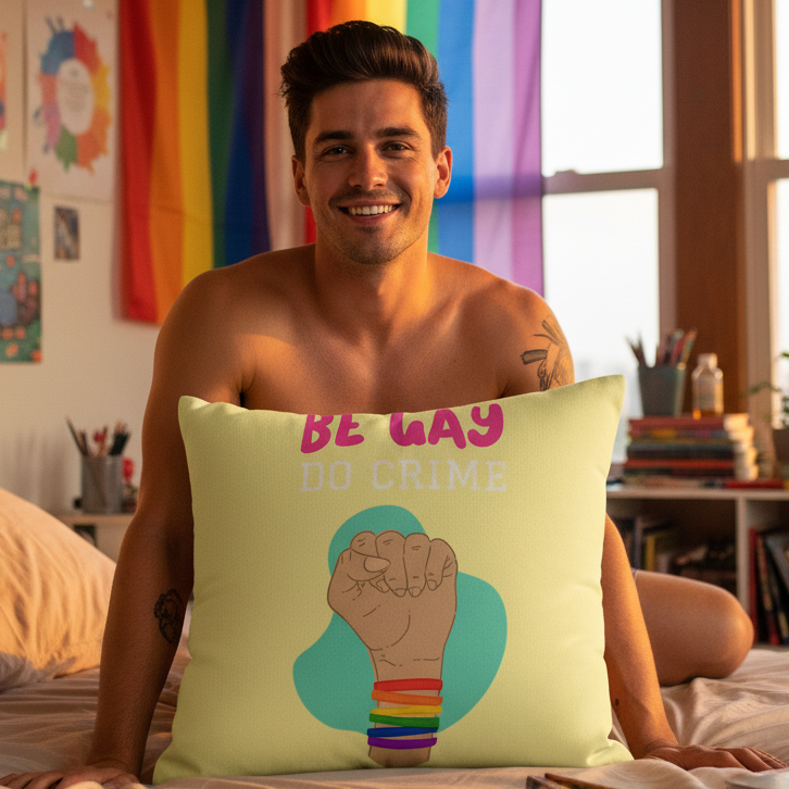 Smiling person on a bed holds the "Be Gay Do Crime Pillow," wears rainbow bracelets; LGBTQ+ pride flags, books