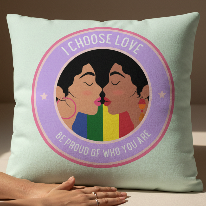 Be Proud Of Who You Are Pillow with two people, short hair, hoops, on a rainbow background