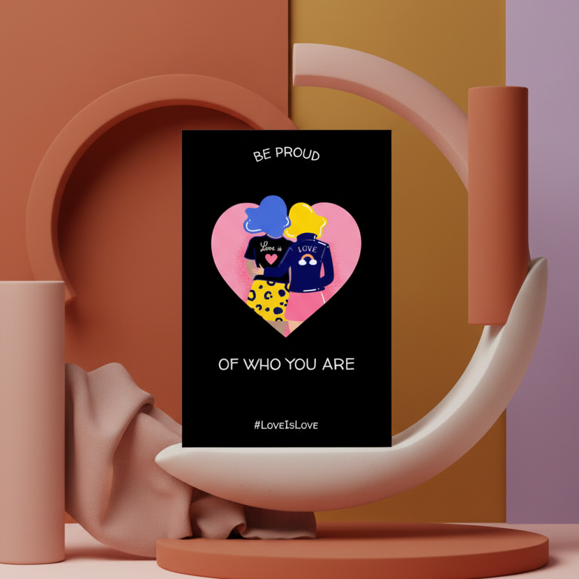 Be Proud Of Who You Are postcard with two lovers inside a pink heart, jackets say “Love is Love,” earthy shapes
