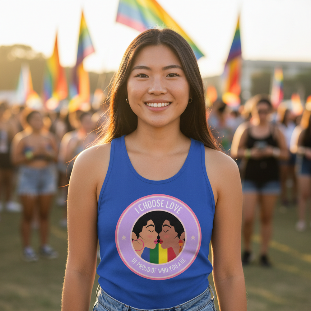Unisex tank top, "I CHOOSE LOVE, BE PROUD OF WHO YOU ARE," features queer couple kissing